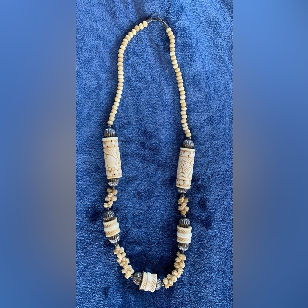 Vintage Carved Bone Fluted Bead Necklace